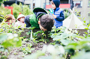 Ein Kind beugt sich zu einem Hochbeet mit Pflanzen und schnuppert an ihnen